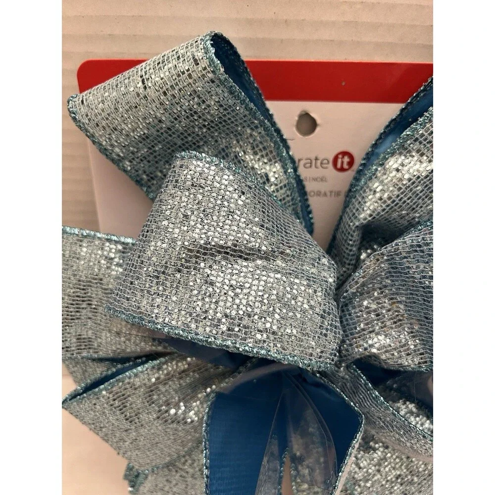 Celebrate it Christmas Tree Topper Bow Light Blue with Glitter 10” Large Bow